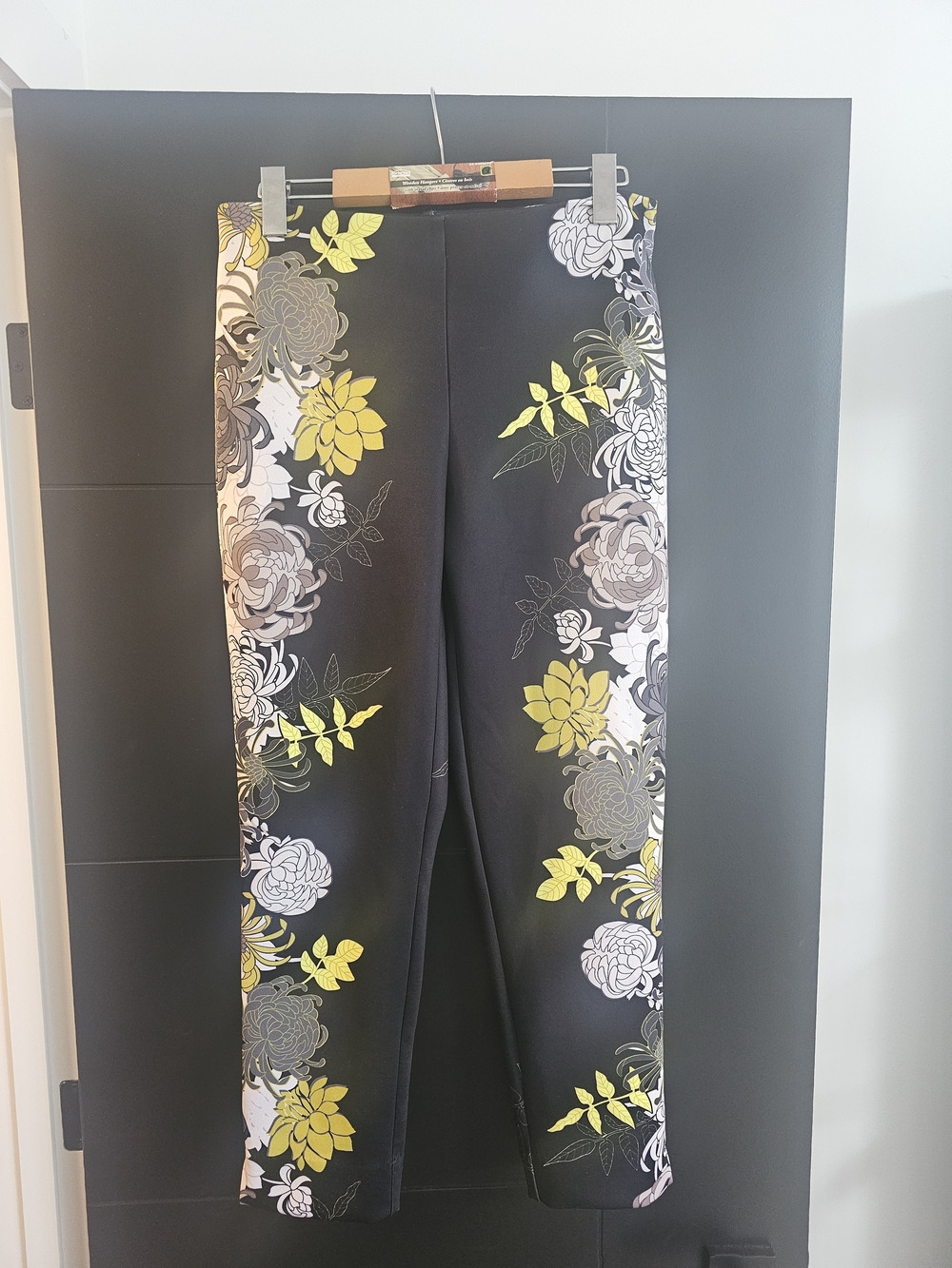 Joseph Ribkoff Black Leggings with Yellow & Gray Floral Panels